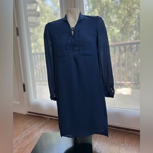 Haute Hippie Blue Sheath Dress with Mandarin Collar and Bishop Sleeves